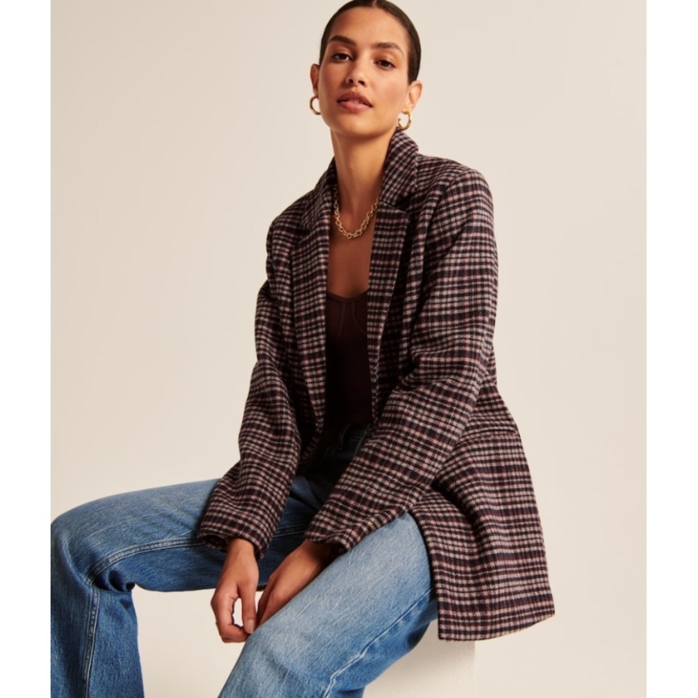 Abercrombie & Fitch Heavyweight Wool Blend Blazer Coat Medium Brown Black Plaid